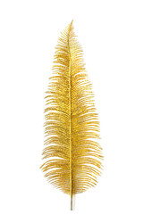 An artificial golden feather isolated on a white background. Decoration element for Christmas.