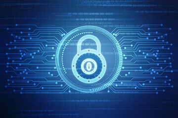 Digital Padlock on abstract technology background, Technology security concept. Modern safety digital background. Protection system, Cyber Security and safety information, personal data concept