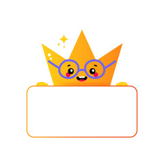 Cute happy cartoon style golden crowns characters in glasses holding in hands blank card, banner.