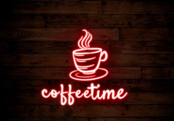 coffee shop logo neon, coffee time   cup with steam, red neon with wood background, coffee and tea logo template neon illustration  cup logo design, coffee time template neon