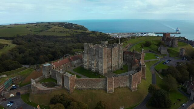 Aerial view of the Dover Castle. The most iconic of all English fortresses. English castle on top of the hill. 