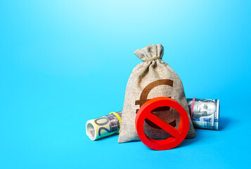 Euro money bag and prohibition sign NO. Sanctions and restrictions. Freezing of assets, seizure of savings. Monitoring of suspicious transactions. Confiscation of capital of illegal origin.