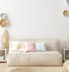 Wall mockup in children room interior background, 3D render
