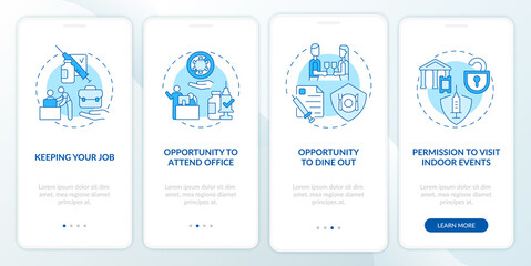 Fototapeta na wymiar Benefits of being vaccinated onboarding mobile app page screen. Keeping your job walkthrough 4 steps graphic instructions with concepts. UI, UX, GUI vector template with linear color illustrations