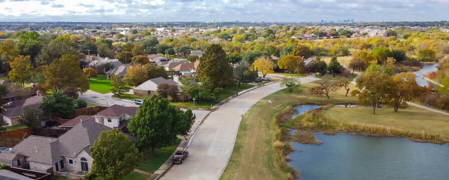 Top View Lakeside And Parkside Residential Neighborhood With Downtown Dallas In Distance Background Carrollton, Texas, USA