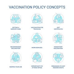 Vaccination policy blue concept icons set. Vaccination against coronavirus idea thin line color illustrations. Permission to visit indoor events. Vector isolated outline drawings. Editable stroke