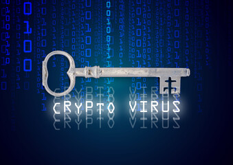 crypto virus on a computer with an encrypt key icon and binary code illustration