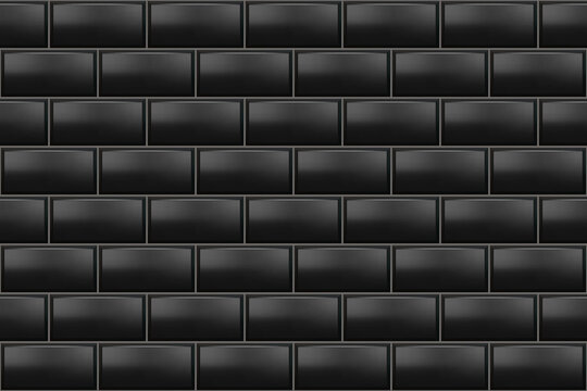 Subway tile pattern. Black seamless brick background. Vector metro wall or floor texture. Interior glossy mosaic grid with rectangle elements.