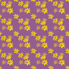 abstract seamless pattern of yellow flowers on a purple background, For cards, prints, invitations,  party, celebration, tile, wedding. Vector illustration