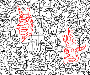 Black and white pattern on a white background with highlighted red cartoon faces, abstract design.seamless background.