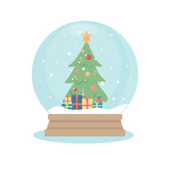 Snow globe with Christmas tree and presents inside, vector illustration in flat style