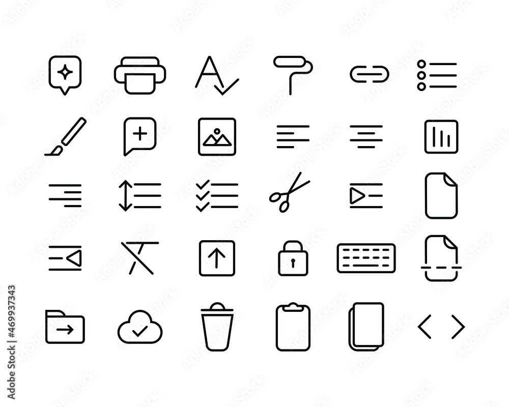 Fototapete editable stroke icons related to text or document processing applications. ui ux element collection 