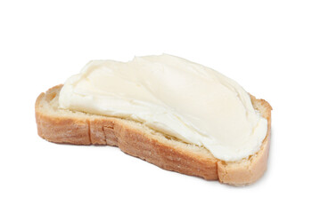 Slice of bread with tasty cream cheese isolated on white
