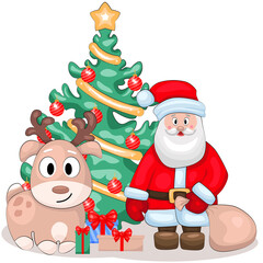 Merry Christmas illustration. Santa Claus with a bag of gifts and a reindeer near the Christmas tree. Flat vector illustration