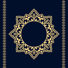 Decorative frame Elegant vector element for design in Eastern style, place for text. Floral golden and dark blue border. Lace illustration for invitations and greeting cards