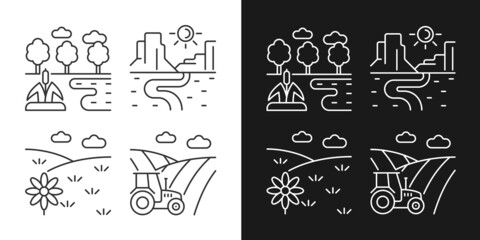 Diverse land types linear icons set for dark and light mode. Cultivable and barren soil. Agricultural industry. Customizable thin line symbols. Isolated vector outline illustrations. Editable stroke