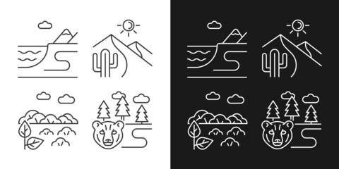 Natural landforms linear icons set for dark and light mode. Coastal terrain. Hot desert. Boreal forest. Customizable thin line symbols. Isolated vector outline illustrations. Editable stroke
