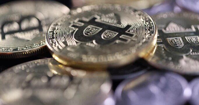 Silver bitcoin coins slow motion 4k movie