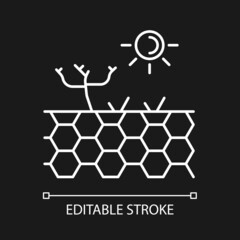 Barren land white linear icon for dark theme. Infertile soil. Arid climate zone. Dry bare ground. Thin line customizable illustration. Isolated vector contour symbol for night mode. Editable stroke