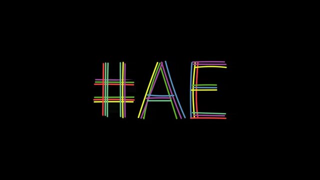 Hashtag #AE. Animated text from color curved lines like from a felt-tip pen, pensil. Transparent Alpha channel, 4K video. Trendy popular Hashtag #AE for social network, title video intro.