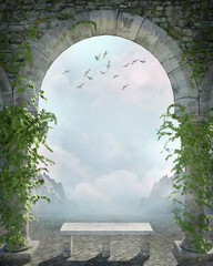 Romantic ivy covered stone arch and bench framing a dreamy view of a mountain horizon with soft clouds and birds in the sky. 3D illustration
