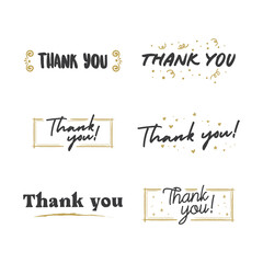 Thank You lettering compositions written with decorative calligraphic font. Bundle of gratitude phrase decorated with cute elements. Hand drawn thanks vector quotes.