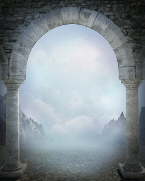 Old stone archway framing a beautiful dreamy view of mountains, soft billowing clouds and mist. 3D illustration