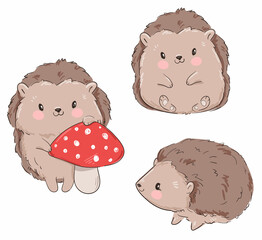 Hand Drawn cute hedgehog Cartoon character set vector illustration childish design print and poster © Alsu Art