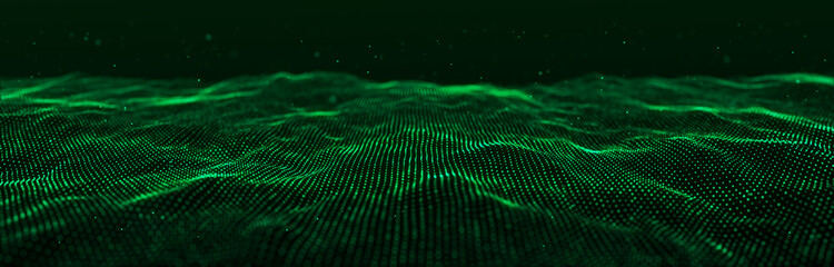 Dynamic green particle wave. Futuristic point wave. Flow digital structure. Data technology background. 3D rendering.