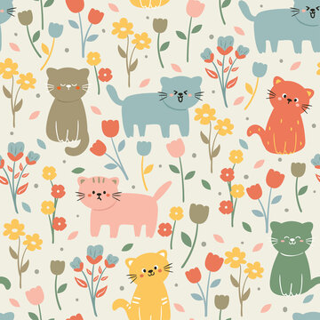 Seamless pattern with cute cartoon cat and flower. for fabric print and textile, kids wallpaper, gift wrapping paper