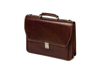 Brown leather briefcase on a white isolated background. Business accessories.