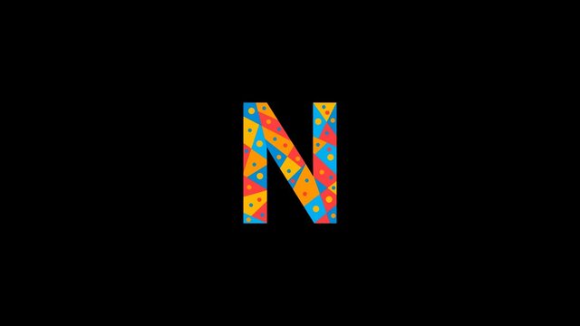 Letter N. Animated unique font made of circles and triangles, polygons. Geometric mosaic bright colors. Letter N for icons, logos, interface elements. Alpha channel transparent background, 4K