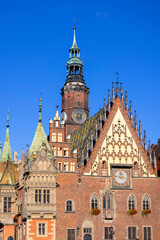 Fototapeta na wymiar Gothic Wroclaw Old Town Hall on market square, facade, Wroclaw, Poland
