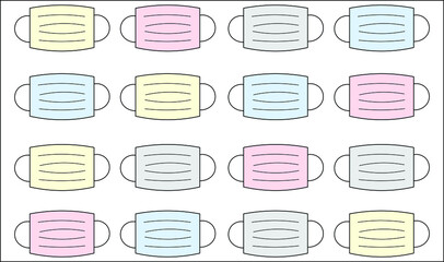 Vector illustration of colorful medical face masks in straight lines on white background. Virus protection. Coronavirus. Healthcare background.