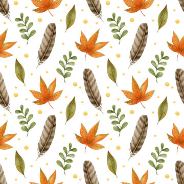 Autumn watercolor seamless pattern feater leaves.