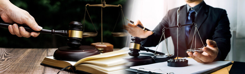 Business and lawyers discussing contract papers with brass scale on desk in office. Law, legal services, advice, justice and law concept picture with film grain effect