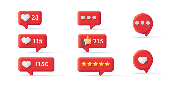 Set of digital notification tags, 3d interface icons with likes and approval sign of thumb up, counter and message, red labels, render style