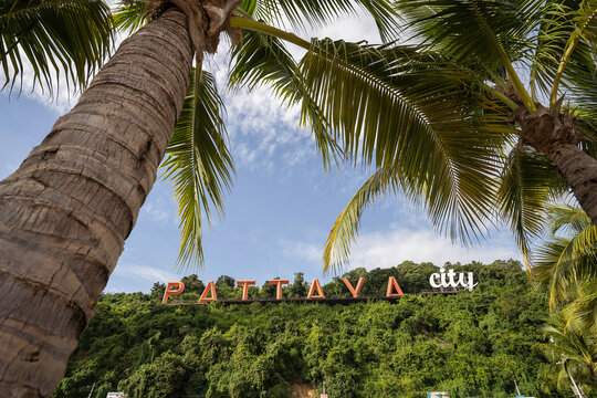 Pattaya, Chonburi/ Thailand - 14 November 2021: Big Sight Word Pattaya city on mountain, Pattaya Beach in Chonburi province, Thailand