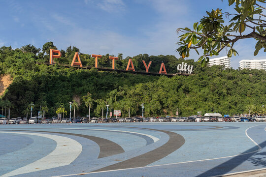 Pattaya, Chonburi/ Thailand - 14 November 2021: Big Sight Word Pattaya city on mountain, Pattaya Beach in Chonburi province, Thailand