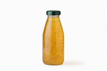 Passion fruit drink with chia seeds in a glass bottle isolated on a white background