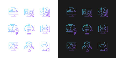 Digital literacy skills gradient icons set for dark and light mode. Manage digital content. Thin line contour symbols bundle. Isolated vector outline illustrations collection on black and white