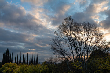Sainte Victoire mountain in the light of the rising sun in autumn