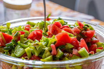 Traditional Bulgarian Salad with Tomatoes, Cucumber and Pepper.