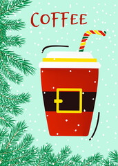 Paper coffee cup with Santa's belt. Promotional holiday banner. Vector illustration isolated.