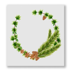 New Years watercolor wreath of pine and spruce branches. Wreath with pine cones and anise. Christmas. Blank postcard.