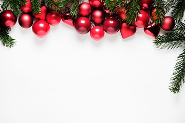 Top view shot of traditional christmas balls and pine tree branches with visible fir structure, festive decorations, copy space for text. Close up, background, cropped image, flat lay.