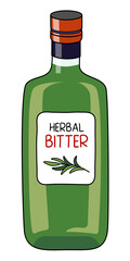 Classic herbal bitter liquor in a green bottle. Doodle cartoon hipster style vector illustration isolated on white background. Good for party card, posters, bar menu or alcohol cook book recipe.