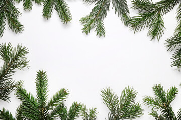 Fototapeta na wymiar Christmas mood concept. Layout composition with traditional festive attributes, green decorative fresh pine tree branches. Winter holidays season. Background, copy space, close up, top view, flat lay.