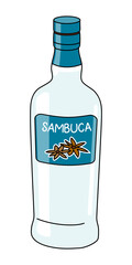 Traditional Italian anise Sambuca liquor in bottle. Doodle cartoon hipster style vector illustration isolated on white background. Good for party card, posters, bar menu or alcohol cook book recipe
