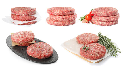 Set with fresh raw burger patties on white background